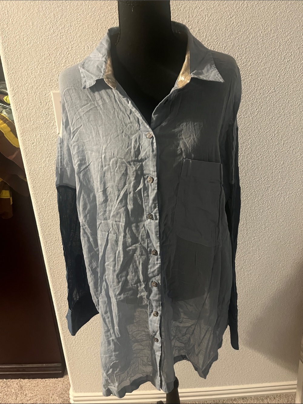 Free people Light Blue Button-Down Tunic Shirt with Navy Sleeves